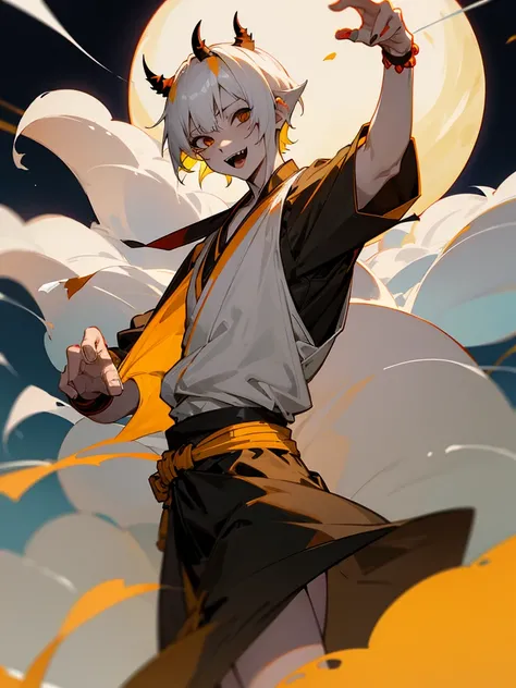 Rakshasa Black eyes Yellow horns White short hair Black clothing Torii Male Full moon Fangs