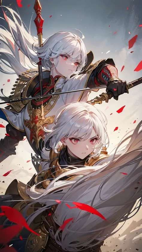 a man warrior archer with medium-cut white hair, red eyes, detailed facial features, beautiful, ornate armor, wielding a longbow, in a battle scene, medieval fantasy, dramatic lighting, cinematic composition, epic, highly detailed, 8k, photorealistic, mast...