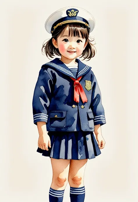 hand-drawn watercolor illustration, japanese elementary school students, navy blue sailor suit,6 years old, cute, cute, simple, ...