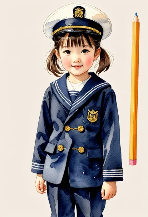 Hand-drawn watercolor illustration, Japanese elementary school students, Navy blue sailor suit,6 years old, cute, cute, Simple, Pencil line drawing