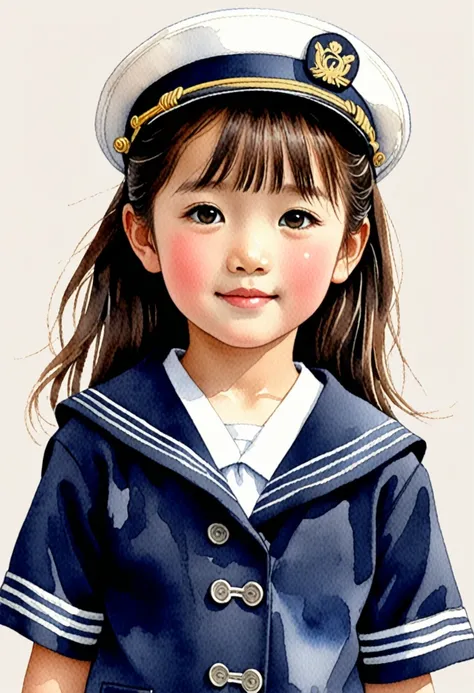 Hand-drawn watercolor illustration, Japanese elementary school students, Navy blue sailor suit,6 years old, cute, cute, Simple, Pencil line drawing