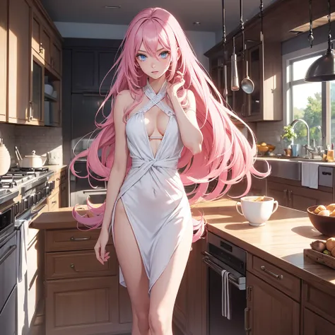 1girl,pink hair, open forehead, housewife, in the kitchen, blue eyes, slim waist, 20 years old, long legs, adult, correct anatomy, best quality, detailed eyes, high-quality hair, 2 eyes, 2 hands, correct leg anatomy, 2 legs, correct hand anatomy, long eyel...