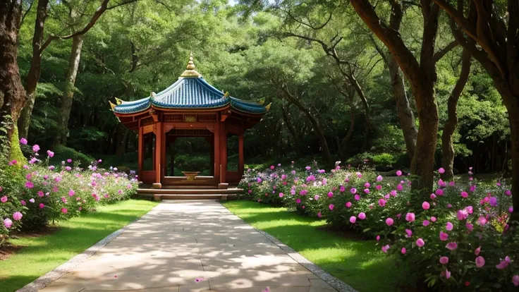 Create an enchanting wedding venue design surrounded by the tranquil and majestic Shantipura, Kingdom of Peace. The scene is lush, Lush forest, In the center is a magnificent pavilion.々It is built as, Decorated with golden lanterns and a cascade of bloomin...