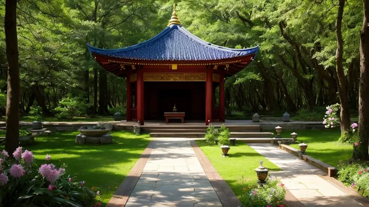 Create an enchanting wedding venue design surrounded by the tranquil and majestic Shantipura, Kingdom of Peace. The scene is lush, Lush forest, In the center is a magnificent pavilion.々It is built as, Decorated with golden lanterns and a cascade of bloomin...