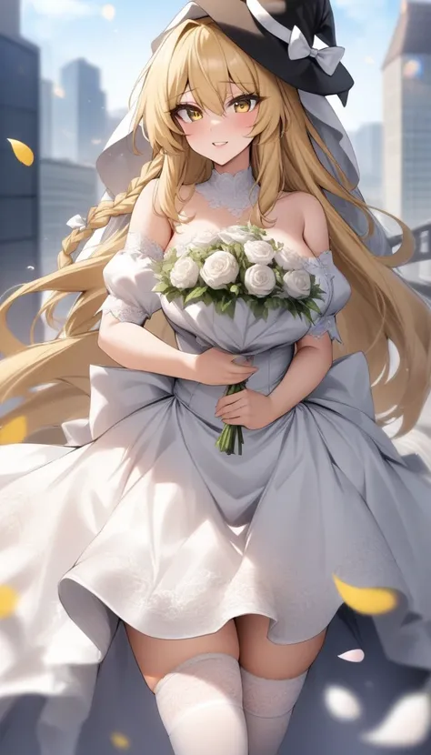 masterpiece, best quality, very aesthetic, absurdres, 1girl, mature_lady, wedding_dress,White lace miniskirt wedding dress, Holding flowers, White lace stockings, wedding hood,  ,touhou, kirisame_marisa, blonde_hair, eyelashes, hair_between_eyes, hair_bow,...