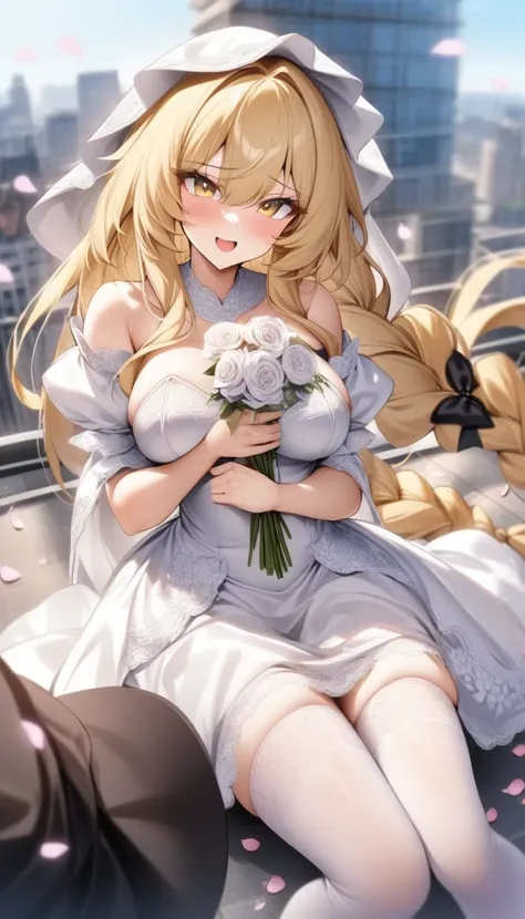 masterpiece, best quality, very aesthetic, absurdres, 1girl, mature_lady, wedding_dress,White lace miniskirt wedding dress, Holding flowers, White lace stockings, wedding hood,  ,touhou, kirisame_marisa, blonde_hair, eyelashes, hair_between_eyes, hair_bow,...