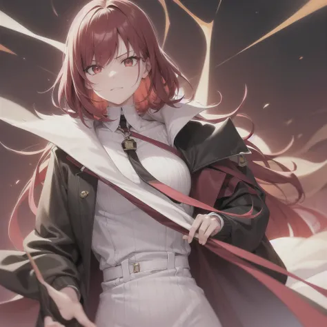 red hair, black jacket with red undertones, white dress, deep orange eyes, only one person, smug look, mature and older look, animemanga girl, detailed key animation art