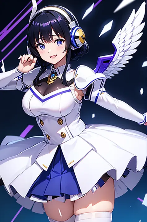 mecha wings、white and blue skirt、accentuated thighs、white tights、chest、beautiful black hair、1 girl、solo girl、thick thighs、is、fra...