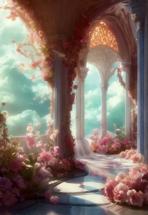 beautiful fantasy world with flowers, dreaming, hyperrealisti, trends on artstation