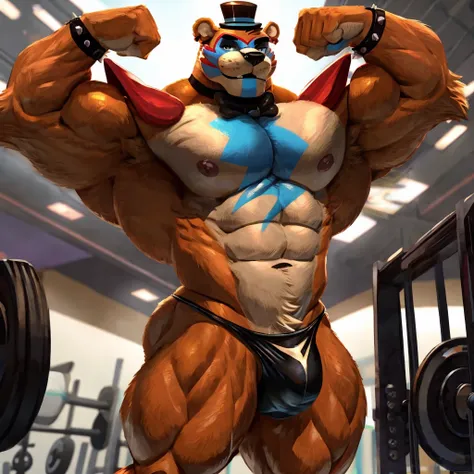 Glamrock overly muscular adult Freddy wears a tiny black thong sweaty in the GYM flexing his muscles with a self-assured sexy and flirtatious look