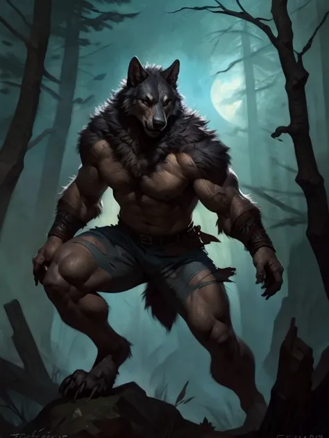 (by taran fiddler, by honovy, By phinnherz), werewolf, wolf, male, solo, torn clothes, forest, night