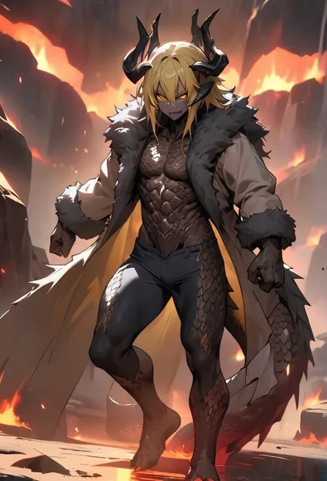 (High resolution, best quality, masterpiece), detailed, ultra detail, 1male, physically fit, muscular body, fierce expression, yellow eyes, (detailed eyes), yellow hair, short length hair, full body, ((dragon horns)), ((face: dragon scales)), face covered ...