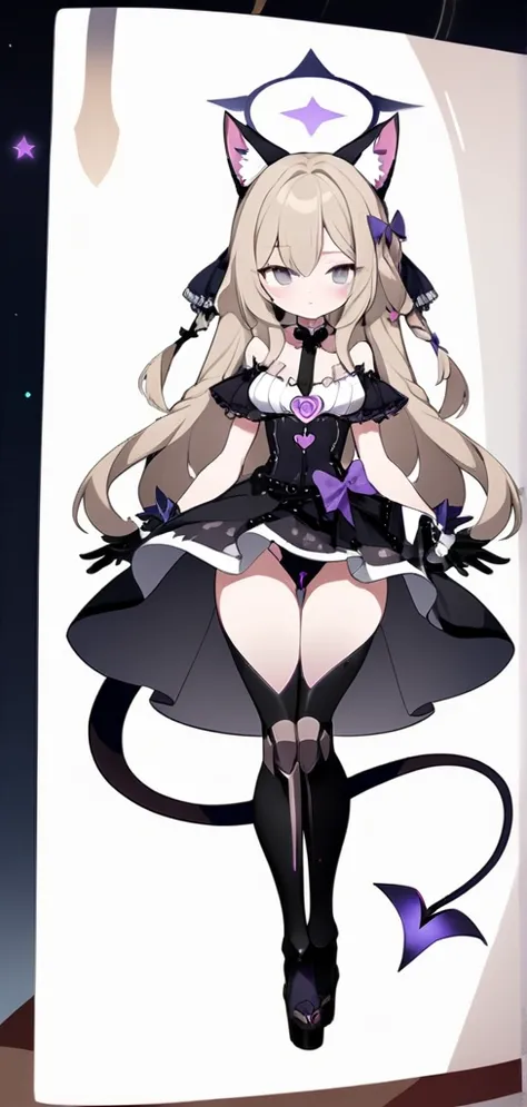 woman 170 cm tall. medium chest, wide hip, slim build, ((whole body)). (((character design sheet: front view))). (dark blonde hair, (hip-length wavy hair with asymmetrical bangs), She has a short braid tied with an elegant purple bow on the left side of he...