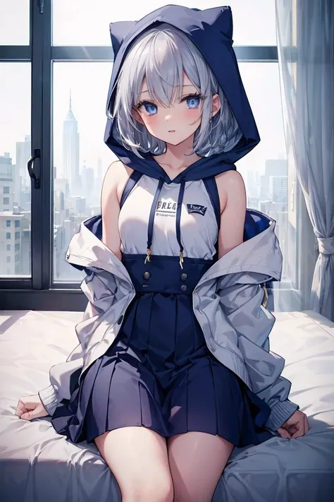 Mid Shot, Look at the viewers, Put your hands behind your back, With a girl, 20-year-old, Very short hair, Long bangs between the eyes, Hair that falls over the shoulders, Grey Hair, Floating Hair, ^ ^, 淡いblue eyes, Short dress, hoodie, skirt, Bare shoulde...