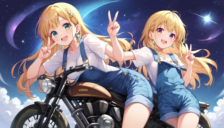 ((2girls:1.3)), ((overalls:1.3)), ((motorcycle:1.3)), ((peace sign:1.3)), ((enjoying the view:1.3)), ((nebula:1.3)), ((outer space:1.3)), (((moe style:1.3)), ((perfect face)), ((extremely cute:1.3)), ((masterpiece:1.3)), ((8k)), ((best quality:1.3)), ((bea...