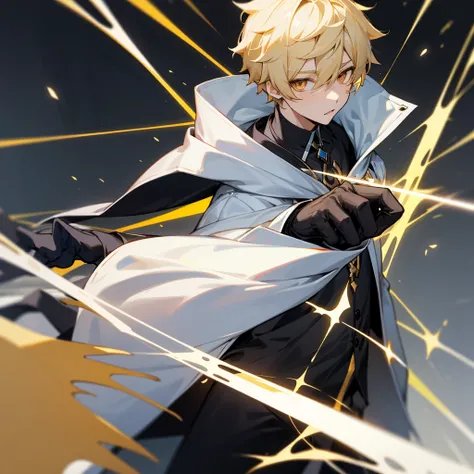 Aether from Genshin Impact. Blonde Hair. Short Hair. Black Shirt. White Coat. Black Hoodie. Golden Eyes. 1boy.