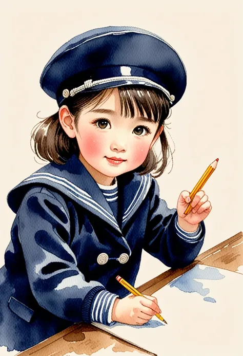 Hand-drawn watercolor illustration, Japanese elementary school students, Navy blue sailor suit,Navy blue beret,6 years old, cute, cute, Simple, Pencil line drawing