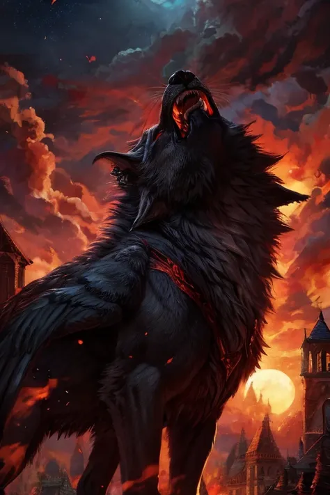 werewolf, several wolves howling wing moon red red clouds realistic staly, gaxaly 