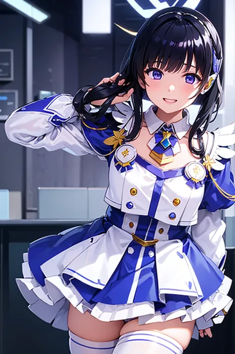 Mecha Wings、White and blue skirt、Accentuated thighs、White tights、chest、Beautiful black hair、1 girl、solo girl、Thick thighs、is、Frame Arms Girl、Alice Gere Aegis、White Armor、Blue and purple lines、income、headphone、hand on own chest、smile、idol costume、Ami Maejim...