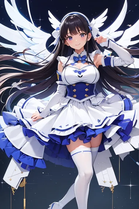 Mecha Wings、White and blue skirt、Accentuated thighs、White tights、chest、Beautiful black hair、1 girl、solo girl、Thick thighs、is、Frame Arms Girl、Alice Gere Aegis、White Armor、Blue and purple lines、income、headphone、hand on own chest、smile、idol costume、Sumire Ues...