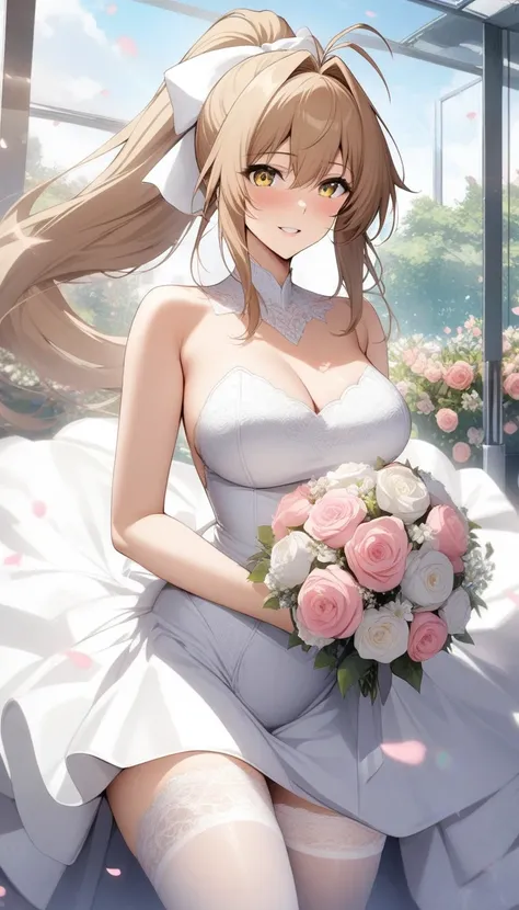 masterpiece, best quality, very aesthetic, absurdres, 1girl, mature_lady, wedding_dress,White lace miniskirt wedding dress, Holding flowers, White lace stockings, wedding hood,  ,sento isuzu, amagi brilliant park, yellow eyes, antenna hair, long brown hair...