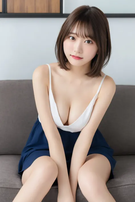 (8K highest quality)、（beautiful）、Precision Eyes、Fine skin、22-year-old female、Stylish、Brown eyes、Soft Breasts、Brown Hair、looking at the camera、Full view of 、Completely naked、Semi-short hair、Sit on the sofa、Precision nipples、Leaning forward、bangs