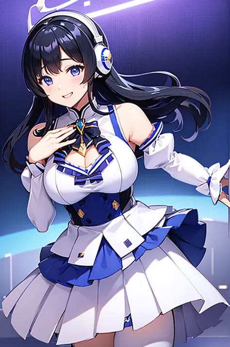 Mecha Wings、White and blue skirt、Accentuated thighs、White tights、chest、Beautiful black hair、1 girl、solo girl、Thick thighs、is、Frame Arms Girl、Alice Gere Aegis、White Armor、Blue and purple lines、income、headphone、hand on own chest、smile、idol costume、Ami Maejim...