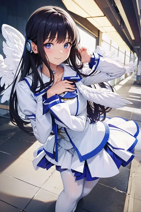 mecha wings、white and blue skirt、accentuated thighs、white tights、chest、beautiful black hair、1 girl、solo girl、thick thighs、is、fra...