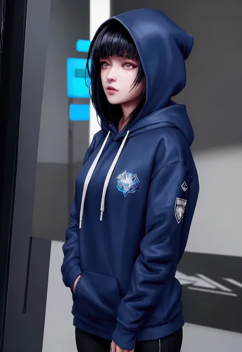 ultra-detailed,highly detailed,best quality,masterpiece,illustration, 
a woman wearing a face mask and a black hoodie standing in front of a, girl wearing hoodie, cyberpunk anime girl in hoodie, wearing netrunner clothing, blue hoodie, black hoodie techie,...