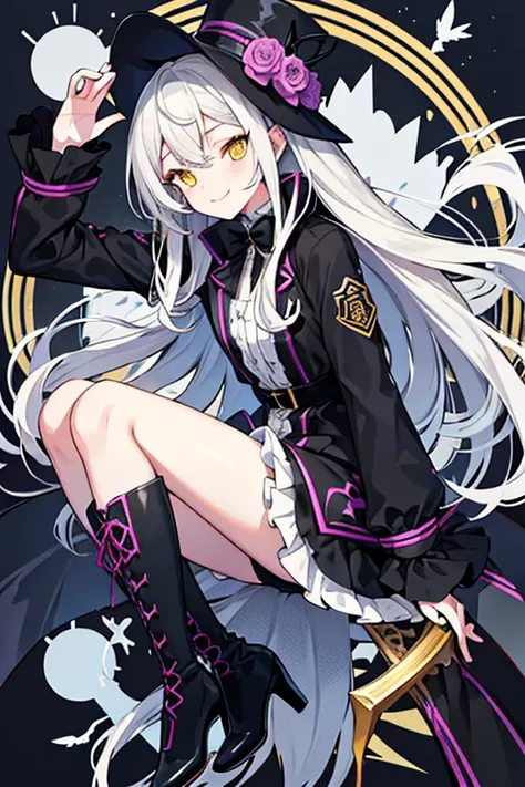 high quality, Draw Amount, Pixiv illustration, Beautiful youth, Gray Hair, Long Hair, Yellow Eyes, Slanted Eyes, black stand up costume, Frills, Gothic Costume, Wicked Smile, Bird&#39;s-eye view、Three white eyes、
Excellent and functional design、Beauty and ...