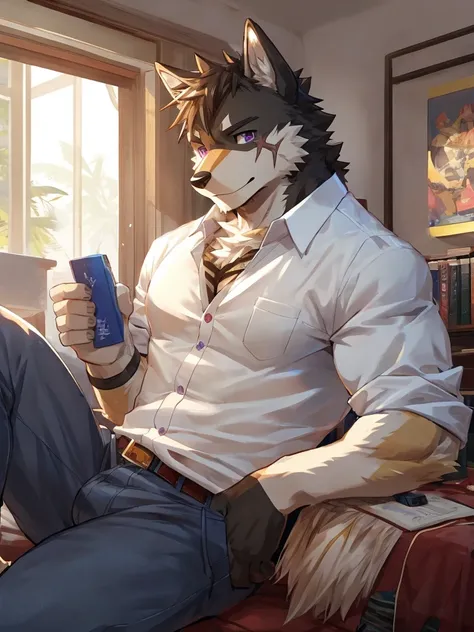 embedding:black wolf, male,purple eyes,Scar on the face, scar on the body,Single person，The fur on the chest and abdomen is white.Inside the apartment,Elder brother.Modern apartment, President of the company,clean and tidy.casual Shirt，Casual pants,Gentle,...