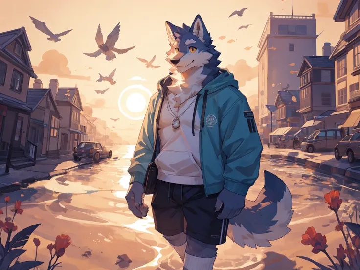 Best quality, Professional, Vivid Colors, establishing shot, wolf, Muscular male, kemono, by bigcozyorca, Solo, grey Fur, white body, golden eyes, pectorals, (detailed face, detailed eyes:1.5), open hoodie, shorts, white socks, joyful smile, walking along ...