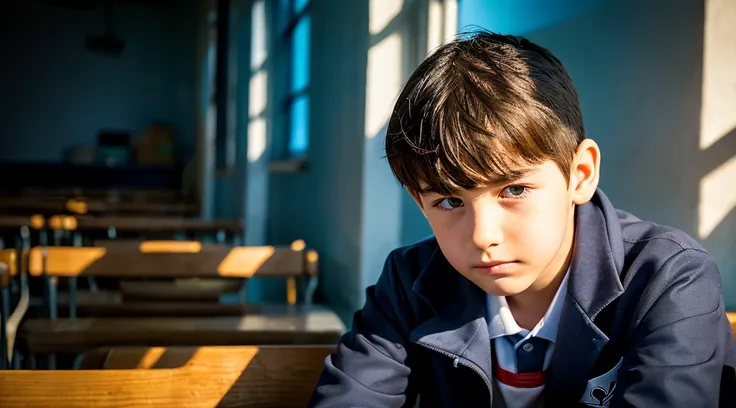 Impactful cover image. The image shows a 7-year-old Caucasian boy, with straight dark brown hair, bangs covering his forehead and large, expressive brown eyes, in a moment of vulnerability and strength. He is sitting alone on a school bench, wearing a navy...