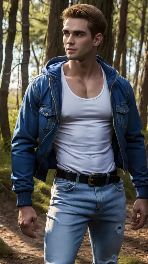 archie andrews, (((blue college jacket under, tight white tank top, blue jeans with black belt,))), wooded background, standing,...