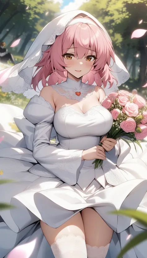 masterpiece, best quality, very aesthetic, absurdres, 1girl, mature_lady, wedding_dress,White lace miniskirt wedding dress, Holding flowers, White lace stockings, wedding hood,  ,komeiji_satori(touhou), pink_hair, hairband, heart_hair_ornament,,surrounding...