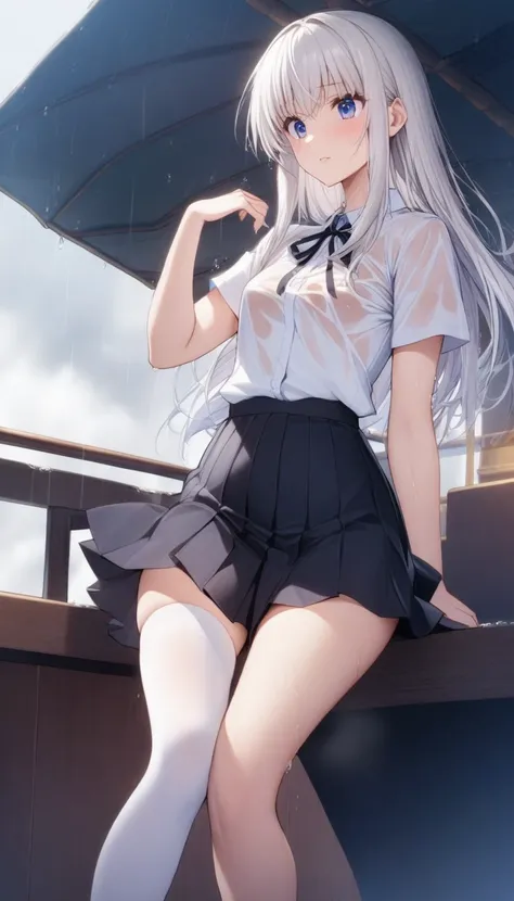 masterpiece, best quality, very aesthetic, absurdres, 1girl, mature_lady, 1girl, thighhighs,one thighhigh is white, another thighhigh is black, white stocking, black stocking, pleated skirt, shirt tucked in, tented shirt,bow, wet_clothes,raining,waterdrop,...