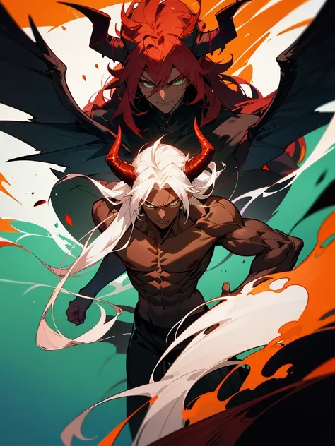 Male character, handsome, dark skin, black wings, wearing a red suit, long white hair, emerald green eyes, his appearance is that of a fire demon, his body is that of a fire demon with giant horns, a bestial body, an intimidating appearance, its appearance...