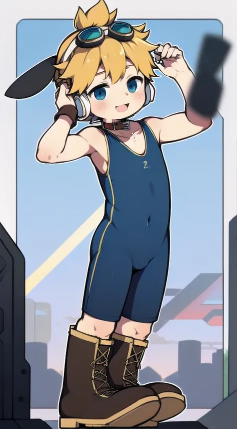 2D Shonen Shota，one-piece swimsuit，Slim, healthy body，Put the headphones on your head，stand up，goggles，Rabbit ears，Happy，Sailor collar，boots，charming，Akimbo