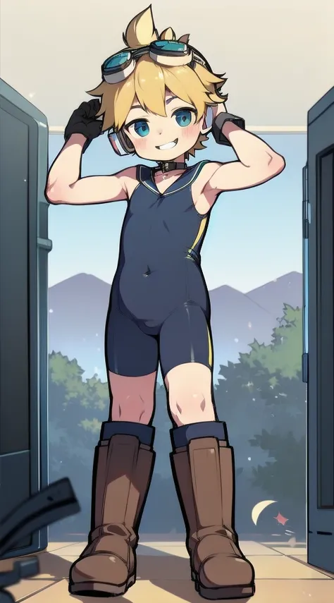 2D Shonen Shota，one-piece swimsuit，Slim, healthy body，Put the headphones on your head，stand up，goggles，Rabbit ears，Happy，Sailor collar，boots，charming，Akimbo