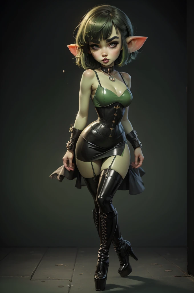 Goblin girl. green skin. very short hairstyle. choker. black pouty lips. big , hourglass figure, goth, eyeshadow, eyeliner, thigh high boots, high heels, magical girl outfit