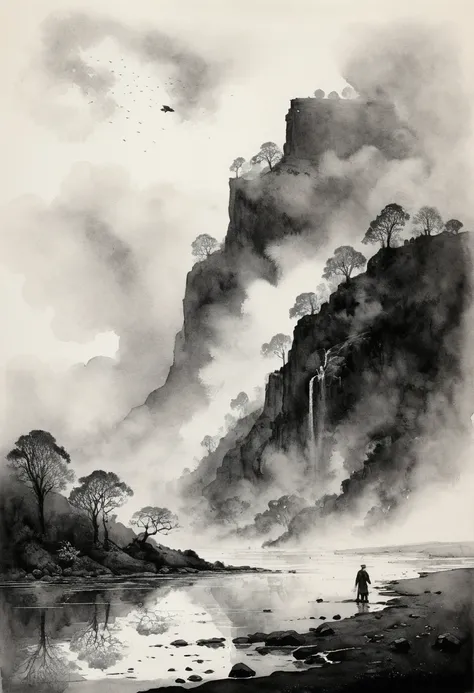 masterpiece,best quality,Norman Ackroyd Style,Fly dust etching,watercolor,black and white,illustration,Features,landscape, A person&#39;s entire head turns into white mist and floats away，