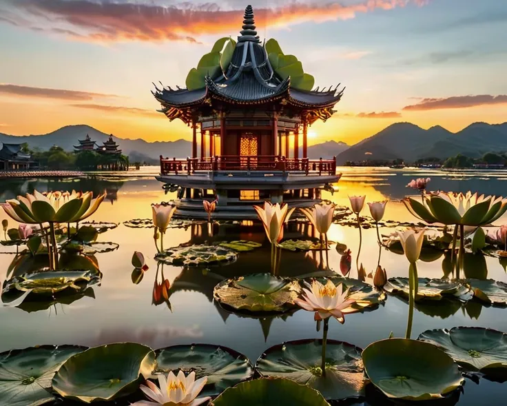  Mountain, landscape, Tree, flower, Sky, outdoor, No humans, architecture, cloud, east asian architecture, water, pagoda, lily pad, Sunset