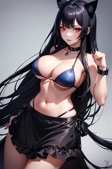 Detailed facial details，1 girl、Cat ear，Black long hair，Large Breasts，Wearing a blue bikini，Charming red eye, Slim，Handcuffs，collar，Radiant Skin，