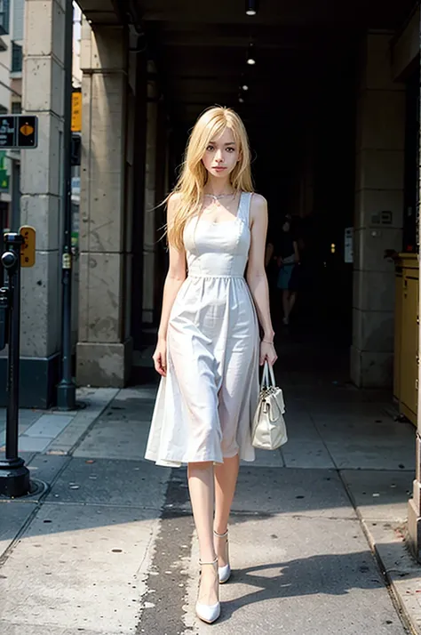 blonde woman, long hair, slim, walking through the streets of New York, Wearing a white dress, sleeveless dress, looking ahead, holding a white bag in one right hand