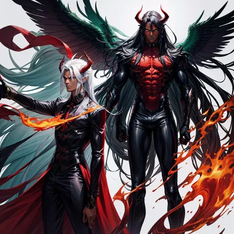 Male character, handsome, dark skin, black wings, wearing a red suit, long white hair, emerald green eyes, his appearance is that of a fire demon, his body is that of a fire demon with giant horns, a bestial body, an intimidating appearance, its appearance...