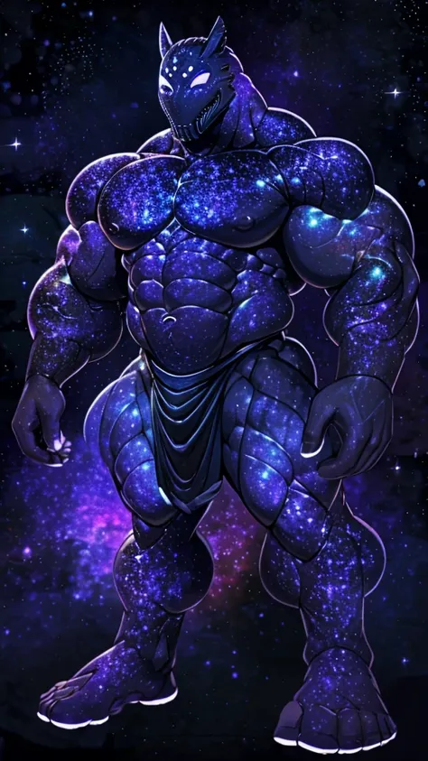 a colossal giant god of the cosmos, a muscular body made enitrely of the galaxy, muscular, giant, wearing a purple and black ski...