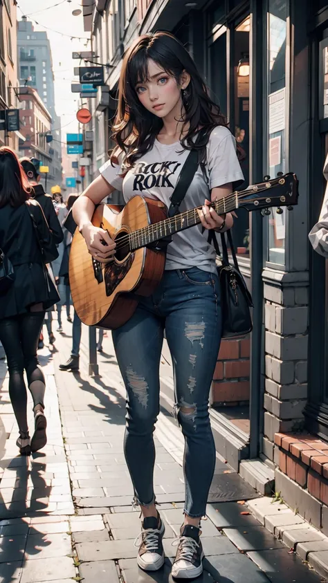 24-year-old female、Black Hair、Iris、Shortcuts、Curly hair ends、Street performance in downtown、The audience forms a circle around、Acoustic guitar playing、T-shirt with hard rock band logo printed on it、Skinny jeans、sneakers