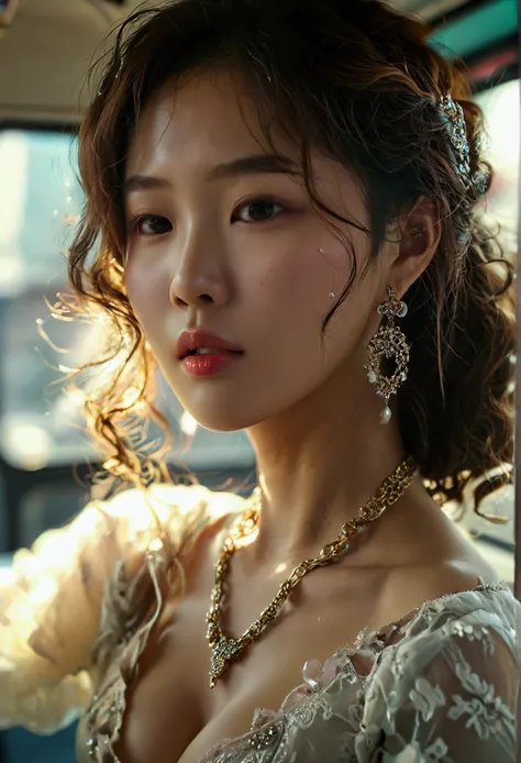 close-up of beautiful korean female, 34 inch breasts size, wavy hair, necklace, in the bus, UHD