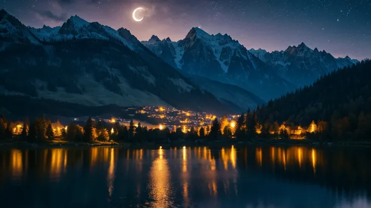 Beautiful lake wallpaper and moon night background, Very detailed, Realistic 8K Full HD.