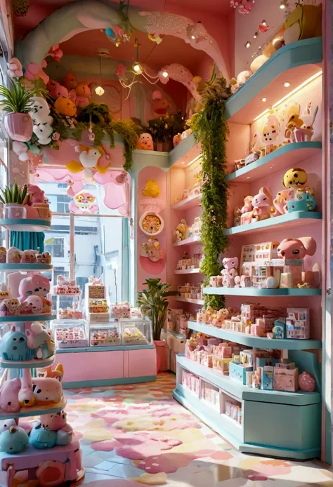 I want you to create the interior of a kawaii and innovative store with good designs on the walls and atmosphere